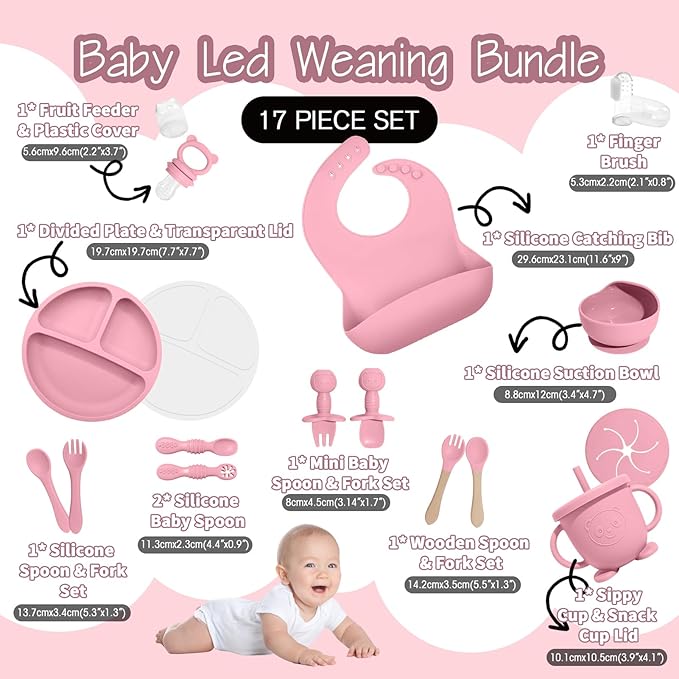 Baby Led Weaning Supplies, 17 Piece BPA-Free Silicone Feeding Set, Eating Essentials Baby Utensils with Suction Plate and Bowl, Pocket Bib, Sippy Cup with Lid, for 6+ Months, Pink