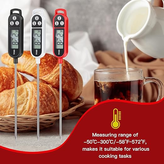12 Pcs Instant Read Meat Thermometer with Long Probe 9.65 Inch Kitchen Cooking Food Candy Waterproof Digital Thermometer for BBQ Water Milk Yogurt Liquid Cooking (Black,White,Red)