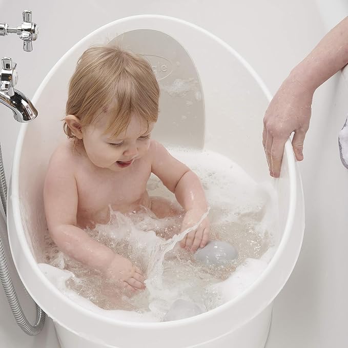 Toddler Bath Tub | Larger Bath for Bigger Kids at Bathtime | Includes Warm and Soft Foam backrest | Grippy Anti-Slip Surface | Includes Easy Drain Bath Plug | White & Grey + Rinse Jug