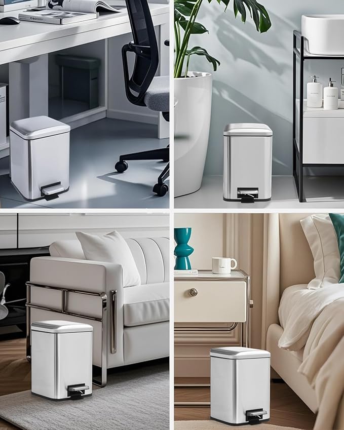 Bathroom Trash Can with Lid, 6 Liter / 1.6 Gallon Small Trash Can with Removable Liner Bucket, Soft Close lid & Step Pedal, Silver Stainless Steel Garbage Can for Bedroom, Office, Dorm