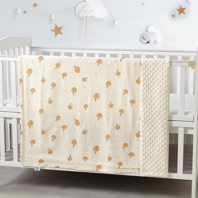 CREVENT 30''X40'' Organic Muslin Cotton Baby Blanket for Newborns, Soft Mink Backing, Essential for Baby Shower Birthday Gift - Mushroom 75X100cm