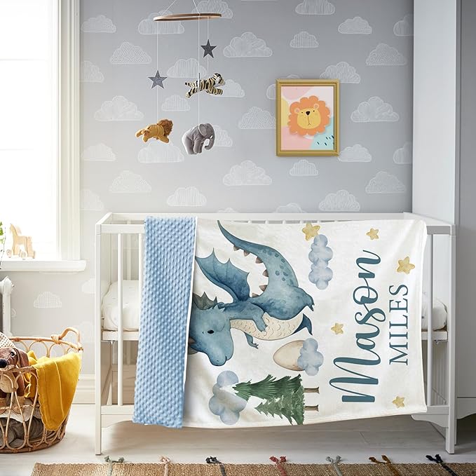 Personalized Baby Boy Blanket with Dinosaur Design, Custom Name Blanket for Toddlers Infants Boys Girls, Nursery Double Layer Dotted Backing Receiving Swaddle, Adorable Baby Gift Idea(60"x80")