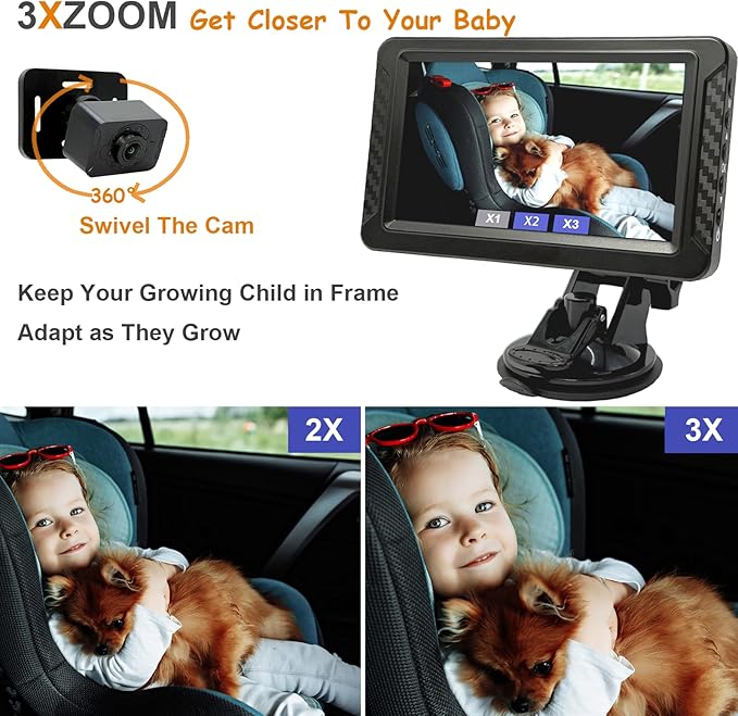 Night Vision Baby Car Camera, 5" HD 1080P IPS Display with 3X Zoom & 360° Adjustment - USB/Cigarette Lighter Powered, HD Backseat Baby Monitor for Rear Facing Infant Safety in Cars/Trucks/SUVs