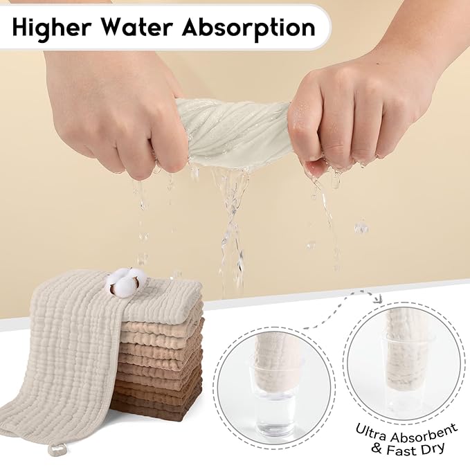 Muslin Burp Cloths for Baby 100% Cotton Burping Cloths for Boys Girls Large 20''X10'' Extra Soft and Absorbent 12 Pack - Gradient Coffee