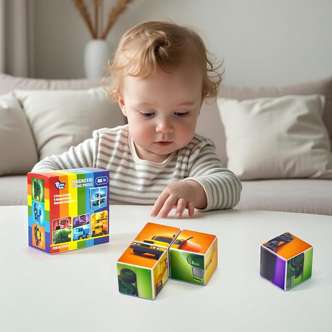 Magnetic Cubes for Toddler, 1.65 inch Large Building Blocks Tiles, Construction Vehicles Puzzles Game for Toddlers, STEM Educational Learning Toys for Boys & Girls Ages 1 2 3