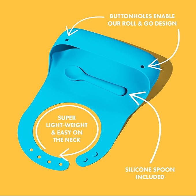 Avanchy Silicone Baby Bibs, Waterproof, Adjustable, BPA Free, Soft Unisex Set for Toddlers with Matching Spoon