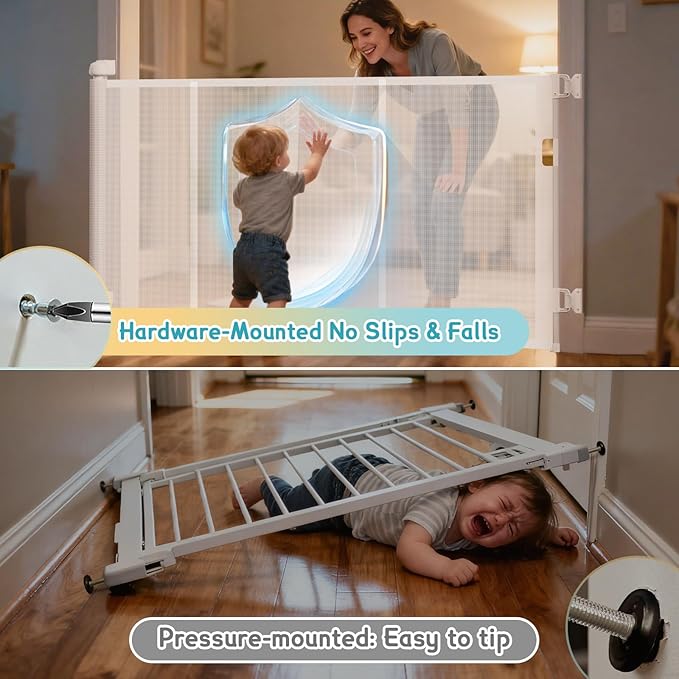 71'' Retractable Baby Gates Extra Wide for Stairs, 42" Tall White Mesh Dog Child Pet Safety Indoor Outdoor Retractable Gate for Doorways, House, Hallway, Deck with Reinforcement Strips