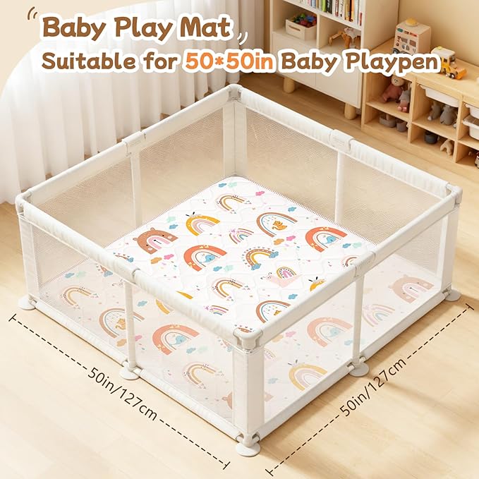 Baby Play Mat for Floor,Soft 50x50 Playpen Mat,Thick Foam Cushioned Playmat for Tummy Time,Safe Non-Slip Backing for Crawling for Kids Toddlers Infants,Boho Rainbow