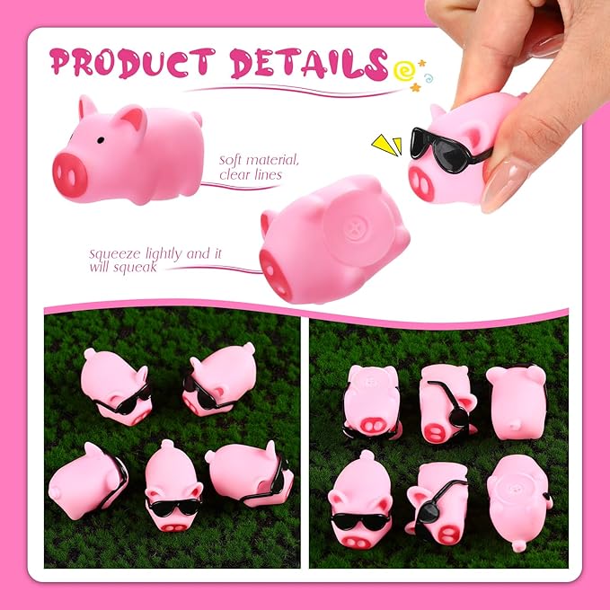 Liliful 200 Sets Mini Rubber Pig Bath Toy with Sunglasses Pink Float and Squeak Pig Bathtub Toys for Baby Shower Halloween Christmas Birthday Party Supplies