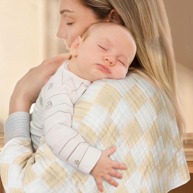 Muslin Swaddle Blankets, Checkered Receiving Blankets for Baby Boys and Girls, 43 x 43 Inches Baby Swaddle Neutral Wrap 70% Cotton and 30% Rayon Khaki