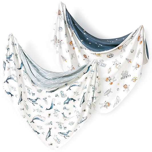 GRSSDER Baby Swaddle Blankets 2 Pack, Super Soft Jersey Knit Baby Quilt Blanket for Baby Boys, Double Layer Receiving Blankets 34 x 44 Inches Extra Large for Swaddling, Sea Fish & Space