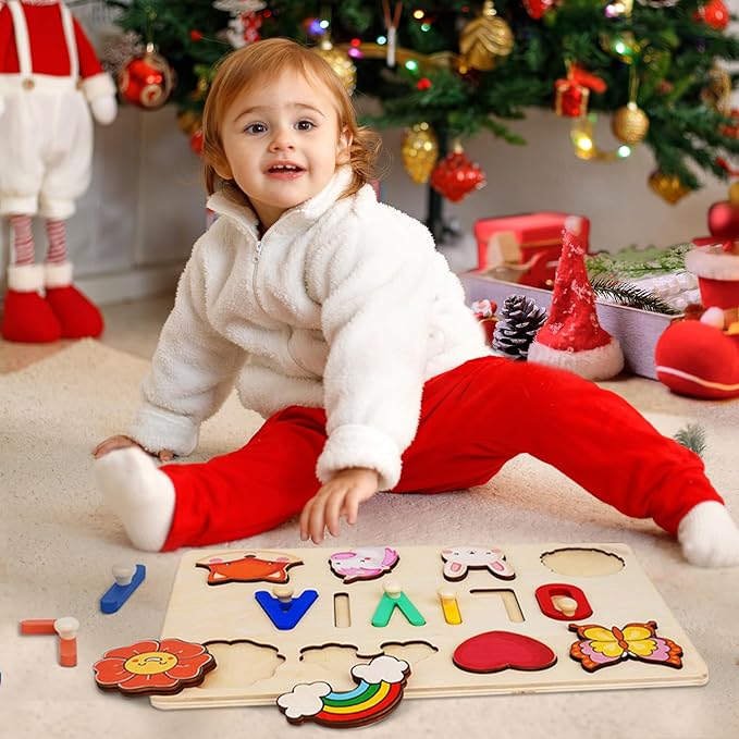 Name Puzzle for Kids Personalized - 1 Year Old Girl Gifts - Personalized Birthday Baby Gifts Toys for 1-3 Year Old Girls Boys Kids - Wooden Puzzle Engraved Text Blessing - Toddler Learning Toys