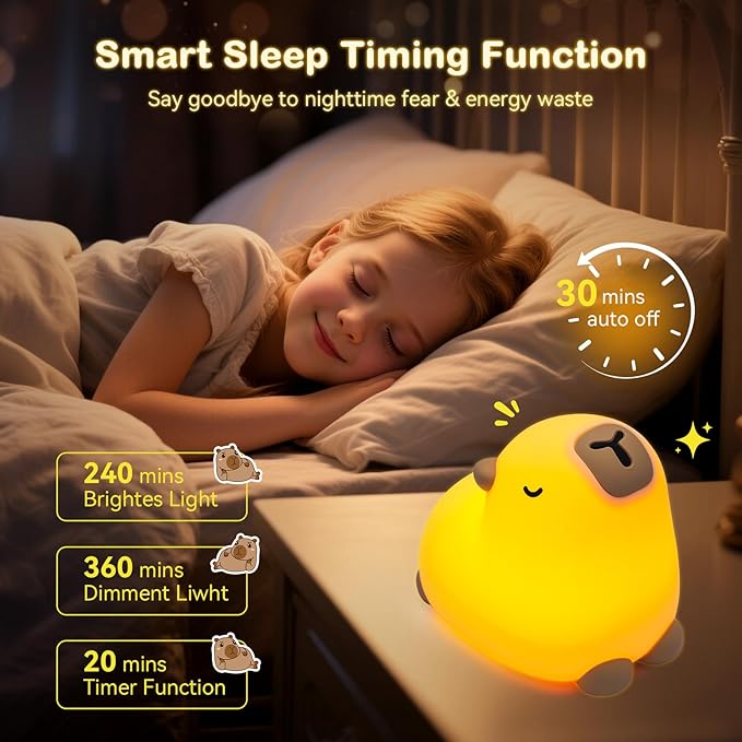 Cute Capybara Night Light for Kids, 3-Level Dimmable Nursery Nightlight, Silicone Squishy Light Up Gifts, Rechargeable Bedside Touch Lamp for Breastfeeding Toddler Baby Kids Decor