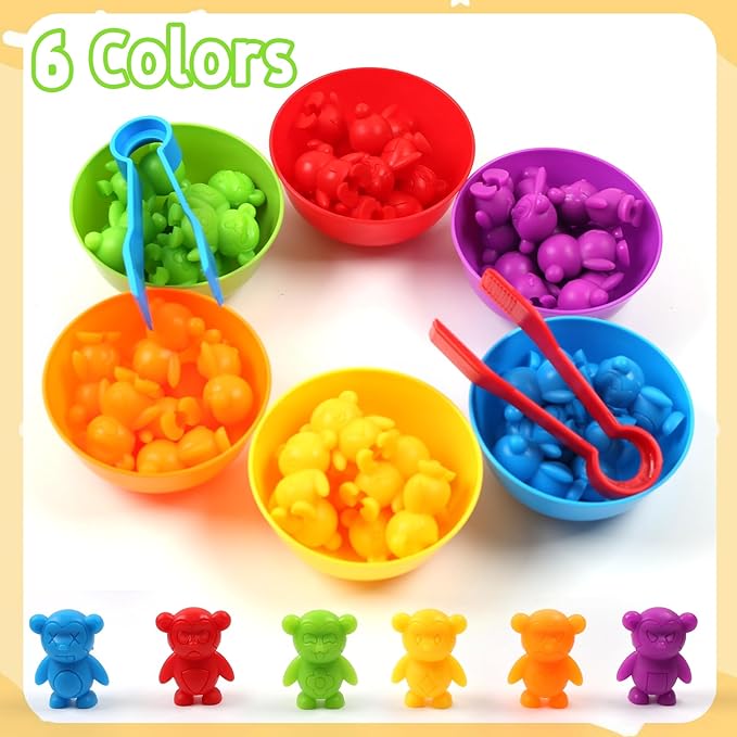 UNIQUE KIDS Counting Matching Game with Sorting Cups, Color Classification and Sensory Training Educational Learning Toys Set Gift for Toddlers Preschool Ages 3 Years and up (New Stacking Monkey)