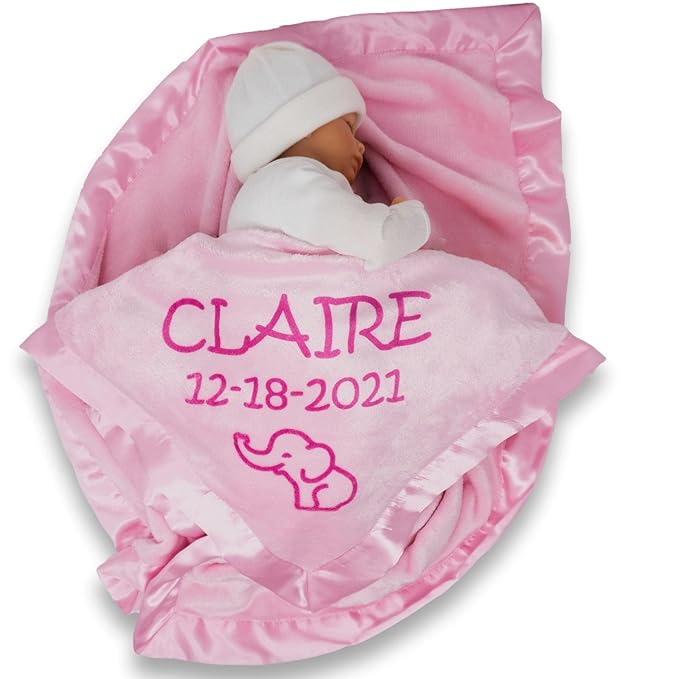 Custom Catch Personalized Elephant Baby Blanket for Girl - Newborn or Infant Name Gift - Pink or Blue (2 Lines of Text)