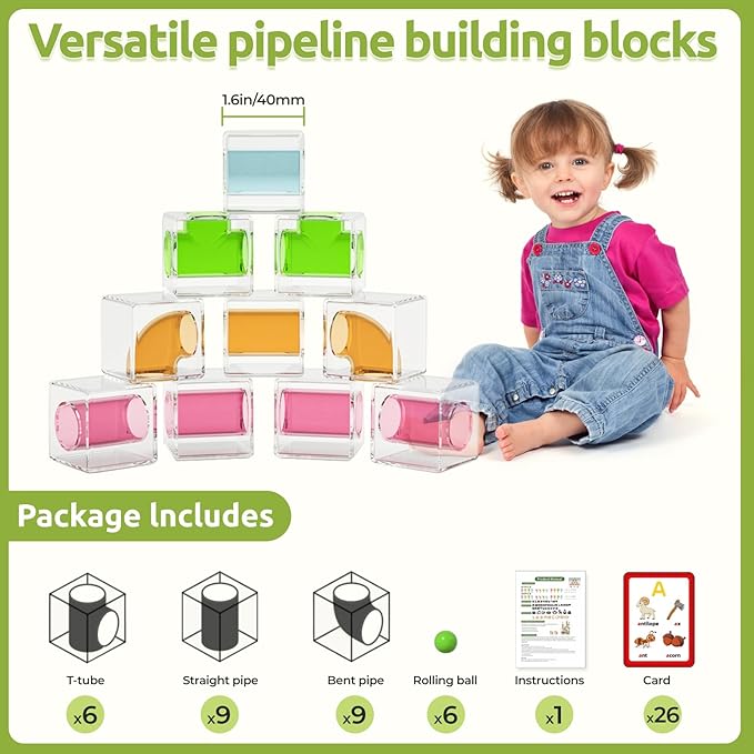 36 PCS Stacking Blocks – 1.6 Inch Transparent Building Cubes with Learning Cards, Pipe Tube for Marble Run, STEM Educational Toy for Kids 3+, Sensory Gift for Boys & Girls