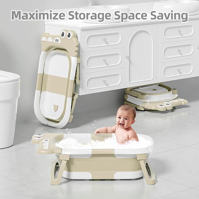 TPN Collapsible Baby Bathtub, Baby Bath Tub with Soft Cushion & Real-Time Thermometer, Baby Bathtub Infant to Toddler Tub (0-36 Months), Portable Travel Baby Tubs for Newborns (Beige)