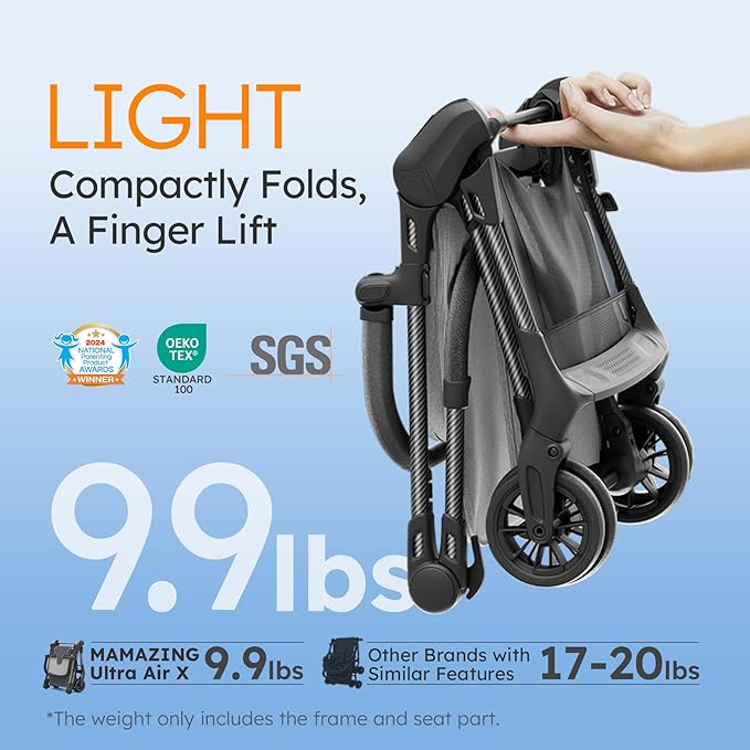 MAMAZING Ultra Air X Travel Stroller - Ultra-Lightweight Under 10 lbs, Carbon Fiber Frame & Airplane Friendly, Lightweight Stroller with Reclining Seat, UPF 50+ Canopy & Travel Bag