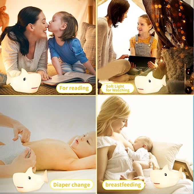 LOVERUIS Shark Night Light for Children, 7 Color Changing LED Portable Touch Baby Lamp, USB Rechargeable Silicone Animal Night Light for Children, Kindergarten, Toddlers (Shark)