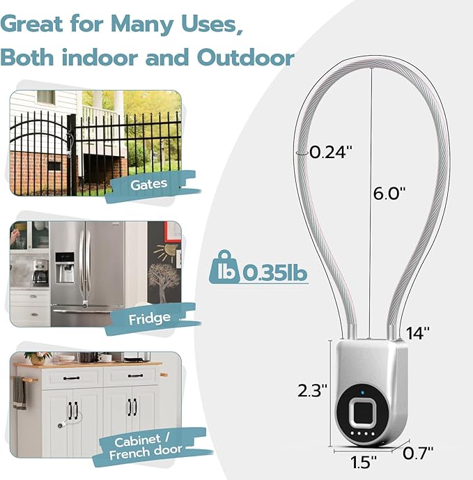 Fingerprint Cable Lock, Fridge Lock with Fingerprint Bluetooth APP Control, Smart Biometric Waterproof Child-Proof Refrigerator Locks for Kids & Adults Fridge French Door Cabinet Gate