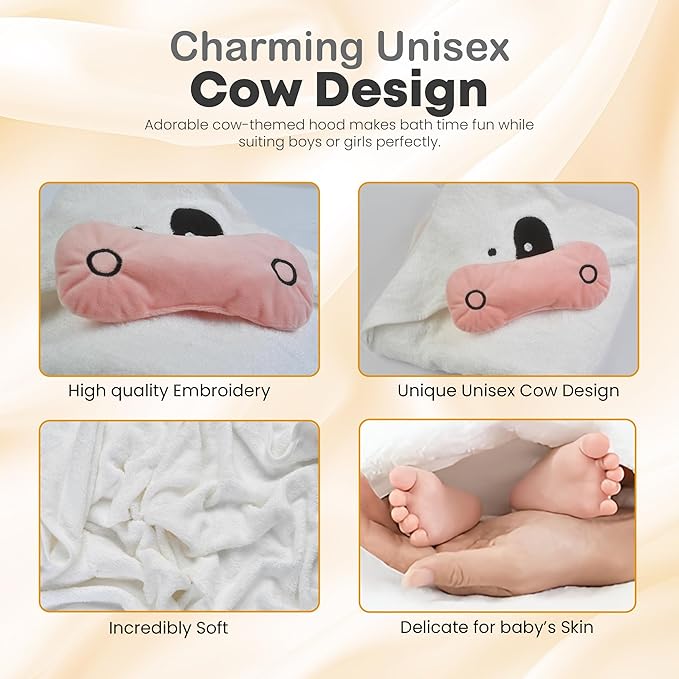 POCASOPA Hooded Towel with Cute Cow Design - Rayon Made from Bamboo Baby - Ultra Soft, Absorbent & Hypoallergenic - Large 35x35” Organic Towel for Newborns, Toddlers & Kids