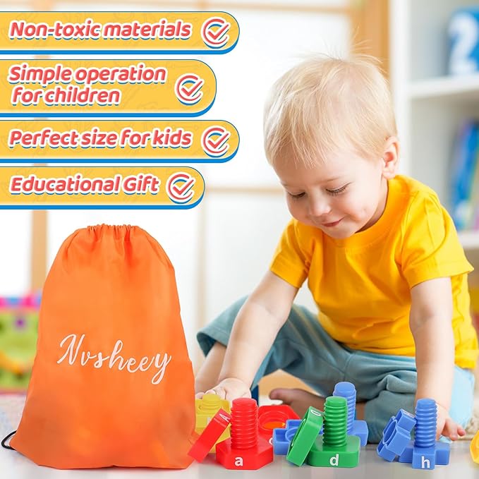 ABC Letters Matching Games - Alphabet Learning Toy for Toddler: 52 pcs Nuts and Bolts Fine Motor Toys, Montessori Sorting & Stacking Toys Preschool Kindergarten Learning Activities for Kids