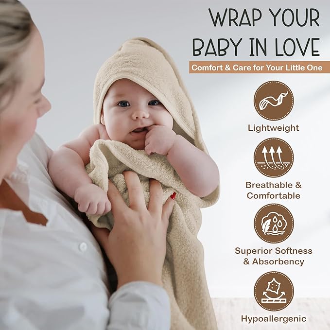 Organic Cotton Plush Woven Hooded Baby Towels, 31x31 Inches, Plush Bath Towels with Hood for Newborns and Kids, Girls & Boys (Ivory, 31.4" L x 31.4" W)