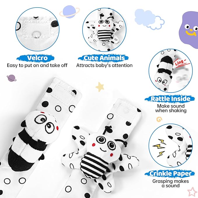 Baby Rattle Socks & Wrist Toys for Newborns, 0-12 Months, High Contrast Black & White Toys for Brain Development, Infant Gift Boy and Girl