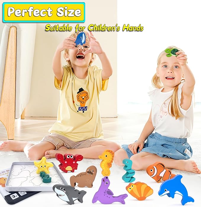 Wooden Animal Puzzles Toys for Toddlers,12 Pcs Sea Animals Figures,Animal Matching Sorting Stacking Toy for Boys Child Girls,Educational Learning Toys Gift for Kids