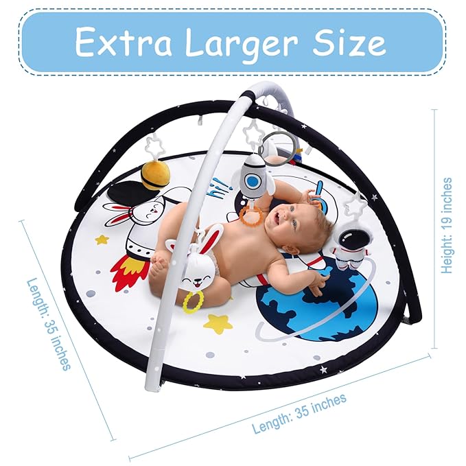 Lovvie & Joy Baby Play Activity Gym Tummy Time Mat for Newborn Infant,Baby Gyms & Playmats for Babies 0-6 9 12 Months with 5 Toys for Early Sensory Exploration and Motor Skill Development Space