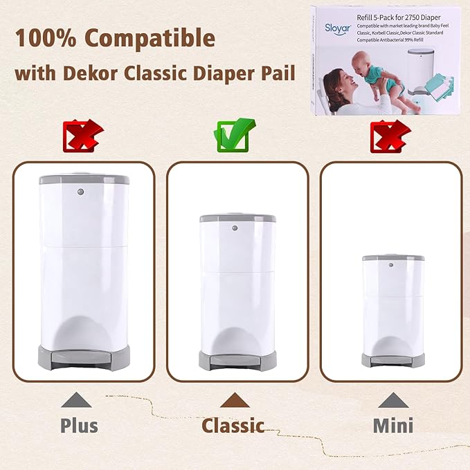 Refill Diaper Pail Bags Compatible with Dekor Classic Diaper Pails | 5 Pack | Diaper Pail Refills with 30% Extra Thickness | Baby Powder Fragrance | Holds up to 2750 Diapers.