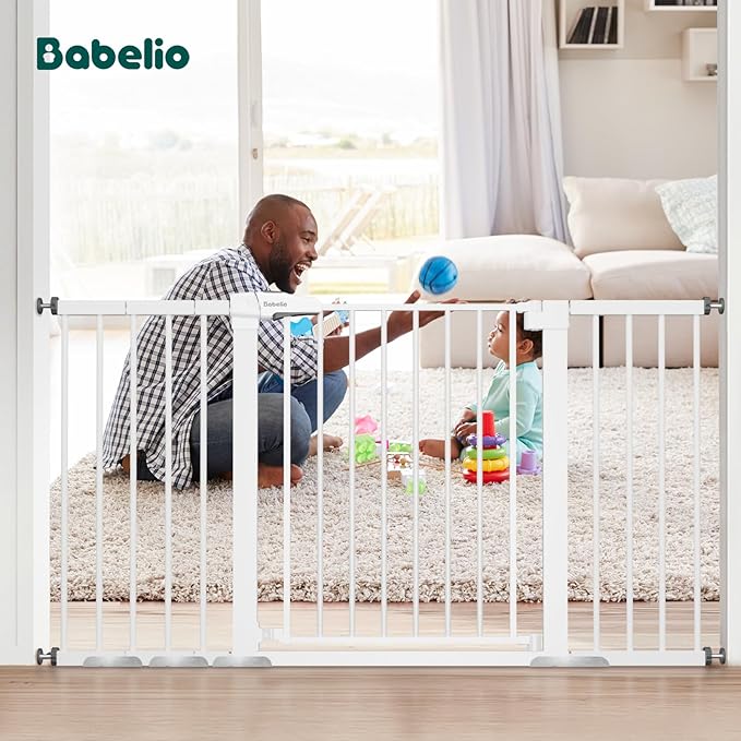 BABELIO 29-55 Inch Extra Wide Baby/Dog Gate, PressGuard P7, Metal Auto Close, Pressure Mounted Pet Door for Doorways, NO Need Tools and Drilling, with Wall Cups, White