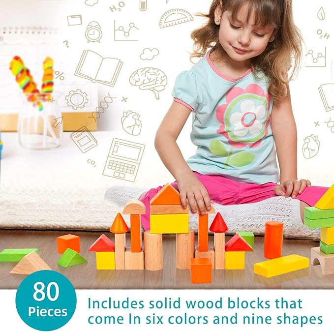 Wooden Building Blocks Set - Stacker Stacking Preschool Learning Educational Toys with Carrying Bag, Toddler Toys for 3+ Year Old Boy and Girl Gifts (80 Pcs)