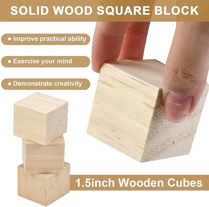 32 Pack Unfinished Wooden Cubes 1.5 Inch Natural Wood Blocks - Smooth Edges DIY Craft Kit for Geometric Art, Puzzle Building & Baby Shower Decorations