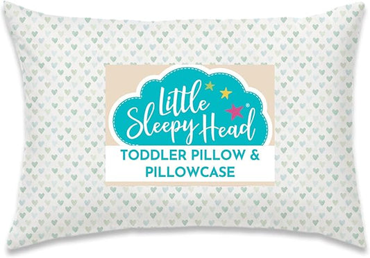 Little Sleepy Head Toddler Pillow with Pillowcase 13x18 - Kids Pillow for Sleeping - Better Neck Support Ergonomic Pillow and Toddler Pillowcase - Best Pillows for Kids (Hearts Sage)
