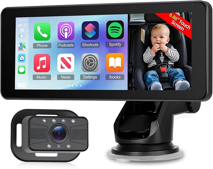 6.86 Inch Carplay Screen for Baby Monitor - 1080P Portable Car Stereo with Baby Car Camera/Wireless CarPlay/Android Auto/Night Vision/150° Wide Angle/AirPlay/GPS Navigation + 64G Card, Easy to Install