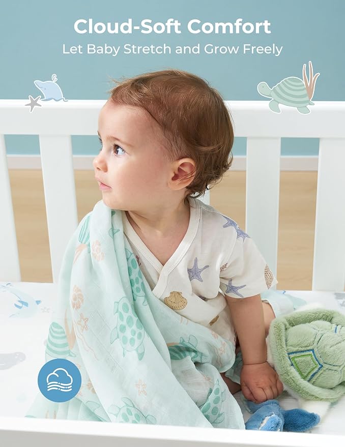 Momcozy Muslin Swaddle Blankets, Ultra Soft Neutral Registry Essentials, Marine Sea Sprite Magic, Breathable Large 47'' x 47'' Newborn Boys Girls Receiving Blanket