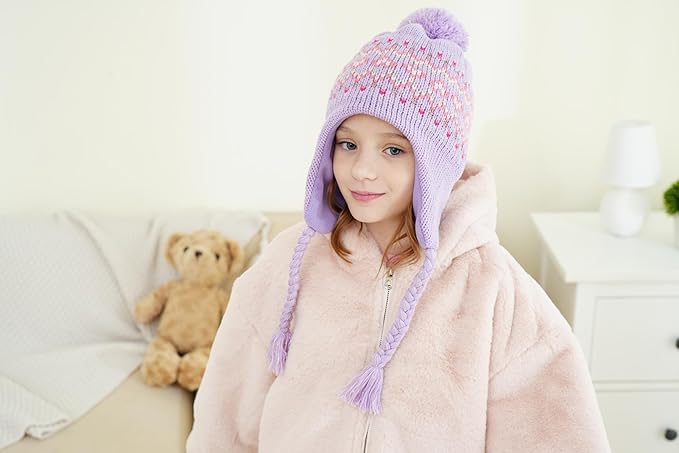 Moon Kitty Girls Knit Hats Winter Fleece Lining Skiing Winter Caps with Warm Ear Flap
