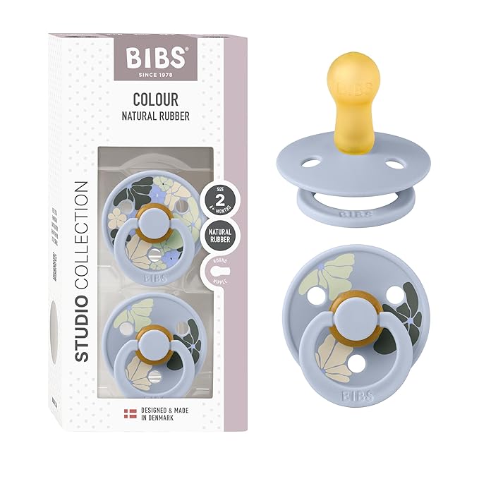 BIBS Pacifiers - Studio 2 Pack | Round Nipple Baby Pacifier | BPA Free Natural Rubber Latex Soother | Made in Denmark | Size 0+ Months | Morning Bloom Dusty Blue