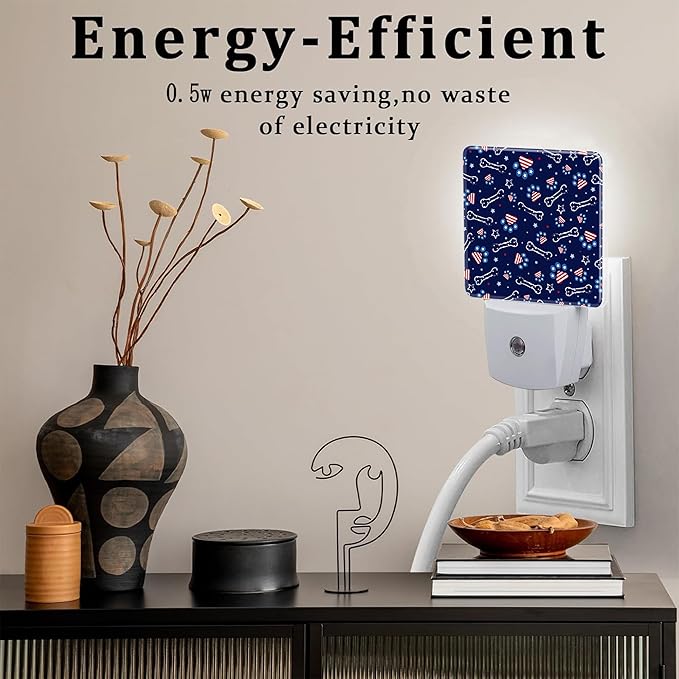 USA Flag and Paw Prints Night Light Plug into Wall, Cute American Patriotic Dog Prints Dusk to Dawn Night Light Plug in,0.5w Energy Saving Sleep Friendly NightLight for Kids Boys Girls Home Decor