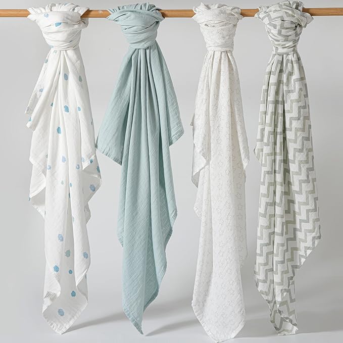 Muslin Swaddle Blankets for Boys & Girls, Receiving Baby Blanket for Newborns, Large 47 x 47 Inches, Soft Breathable Baby Swaddles, 4 Pack Stars & Striped