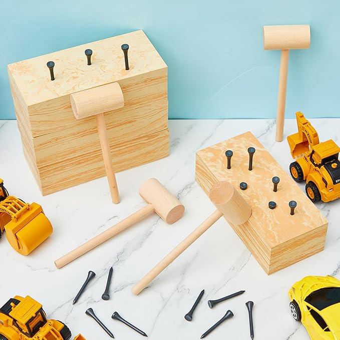 Realspring 8 Set Wooden Hammer Tool Set Kids Carpentry Woodworking Toys 8+ Year Old Hammering Pounding Toy Workbench for Construction Birthday Party Supplies Play Educational Gift Boys and Girls