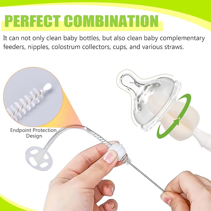 INVODA Nipple Brush 4PCS Sponge Bottle Brushes with 4 PCS Straw Brush Baby Bottle Nipple Cleaner Brush Long Handle Detachable Nipple Brushes (White)