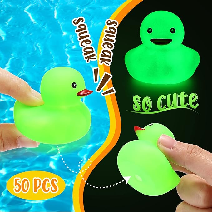 Tradder 50 Pcs 2 Inch Glow in the Dark Rubber Ducks Bulk Summer Rubber Float Ducks Light for Pool Bath Bathtub Baby Shower Autumn Halloween Christmas Party Favors Gift(Green)