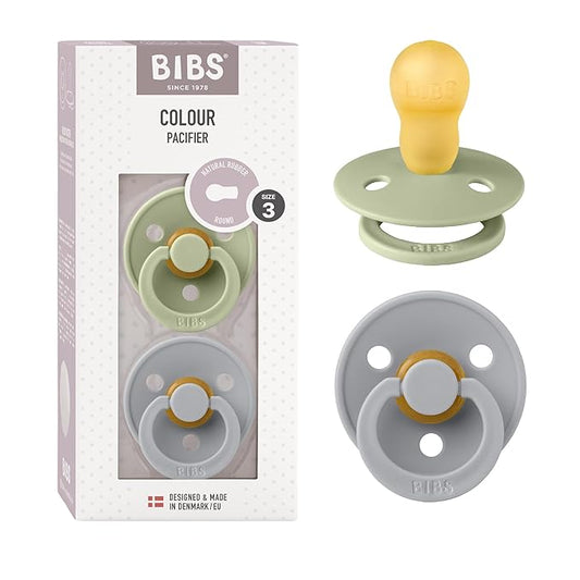 BIBS Pacifiers Colour Collection | Natural Rubber Baby Pacifier | Set of 2 BPA-Free Soothers | Made in Denmark | 18+ Months (Pack of 2) | Sage/Cloud