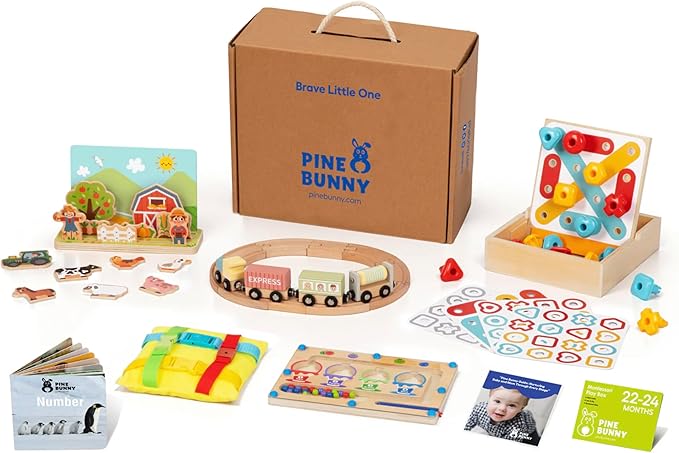 Pine Bunny Montessori Wooden and Plush 12-in-1 Toy Set for 22+ Months, Buckle Toy, Magnetic Color Cup Match Pattern Pegs Space and Distance Farm Game Wooden Train Set Educational Learning Toddler Toys