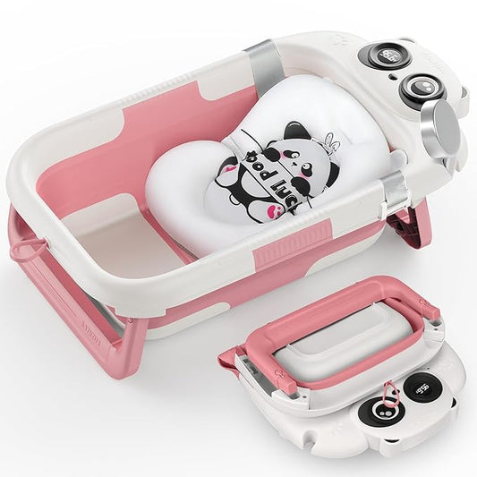 Foldable Baby Bathtub, Lightweight Bathtub for Infants to Toddlers with Soft Cushion & Thermometer, Portable Baby Tub Newborn to Toddler 0-24 Months(Pink)