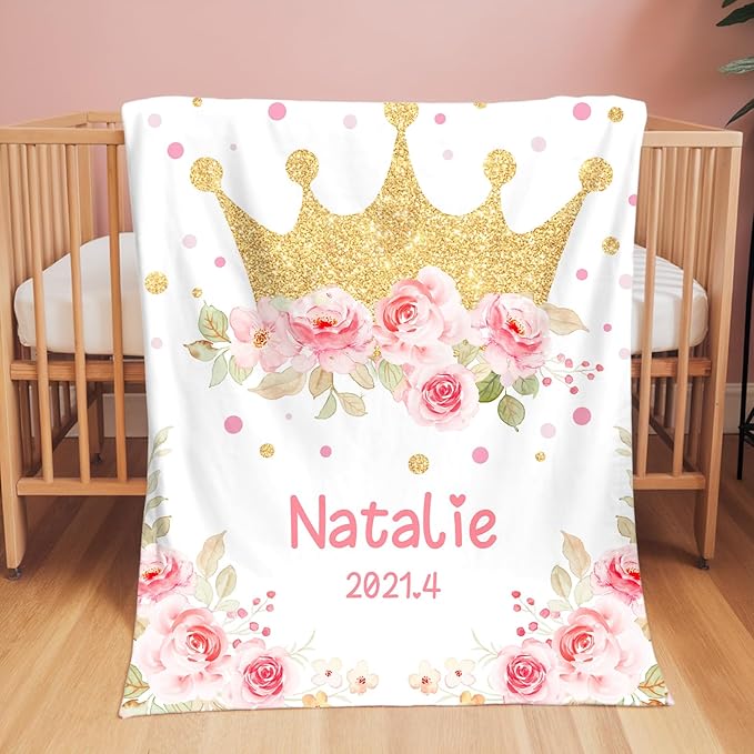 Personalized Baby Blankets for Girls & Boys - Super Soft Easter Blanket with Thick Double-Layer Dotted Backing, Personalized Baby Gifts for Baby Shower from Grandma (Crown, Customize Now)