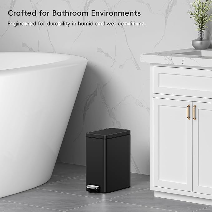 EKO Small Bathroom Trash Can with Lid Soft Close, Step Pedal, 6 Liter / 1.6 Gallon Stainless Steel Garbage Can with Removable Inner Bucket, Anti-Fingerprint Finish (Matte Black)