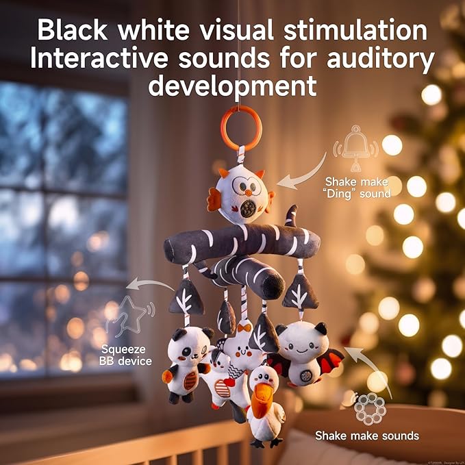 TUMAMA Black and White Crib Hanging Plush Toy, Active Plush Animal Crib Mobile, Sensory High Contrast Baby Toy for 0 3 6 9 to 12 Months